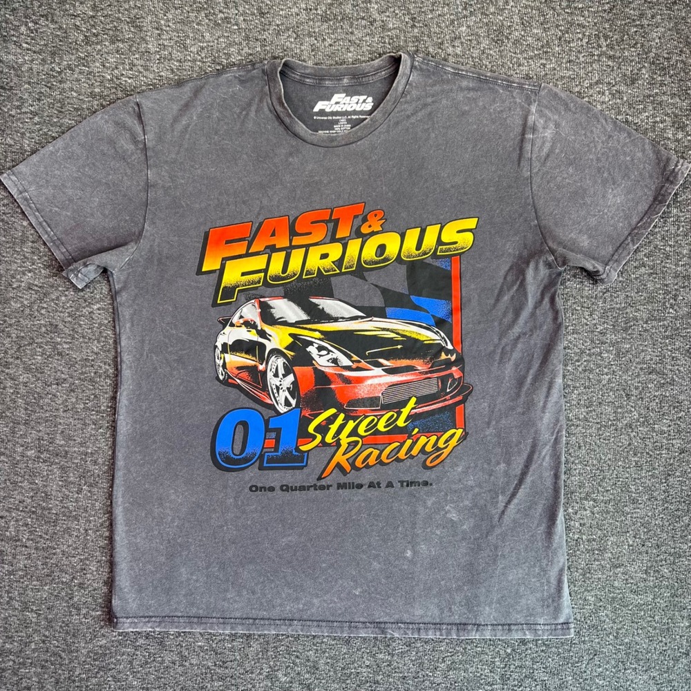 Fast & Furious Graphic Shirt Mens Large Gray Street Racing Muscle Car‎ Acid Wash